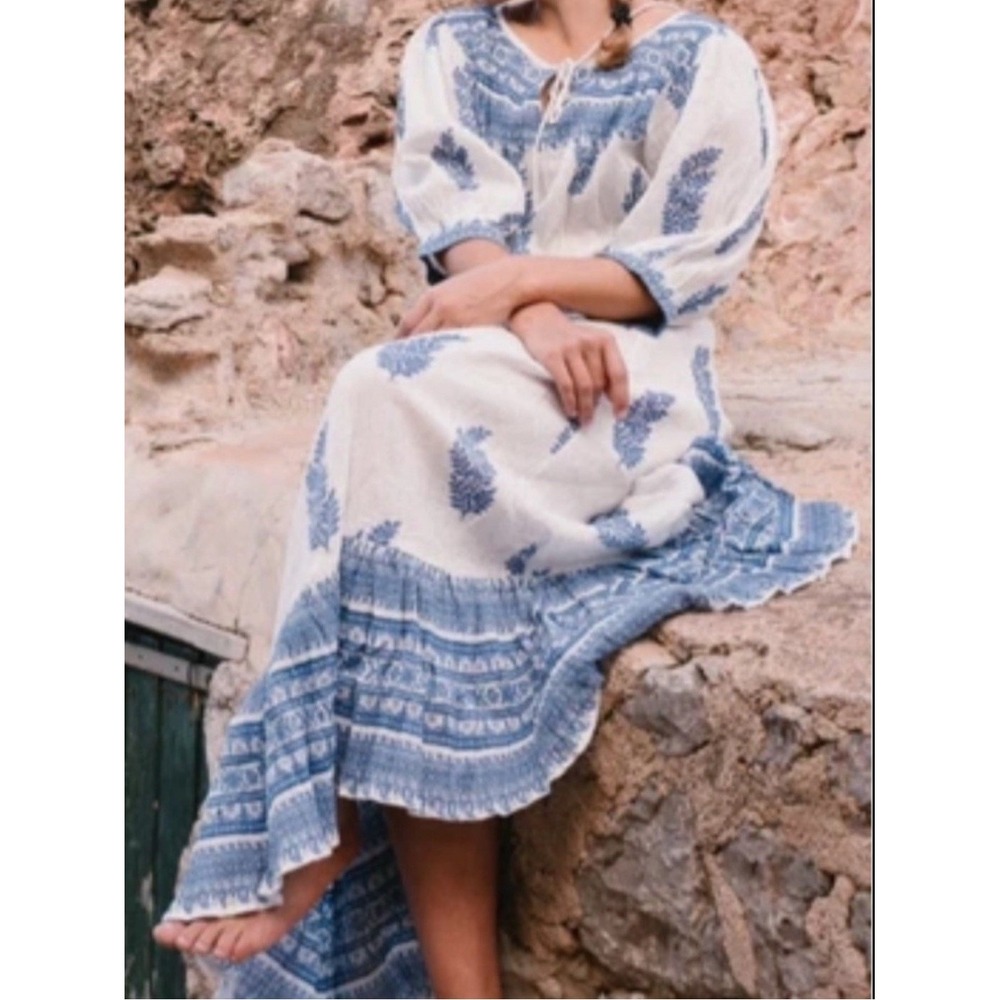 Daughters of India Maxi Dress Mishka Medium Blue White Block Print Boho Lurex